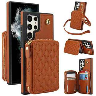 For Samsung Galaxy S23 Ultra 5G AwQuer Crossbody Zipper Wallet Rhombic Leather Back Phone Case(Brown)