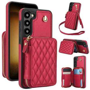 For Samsung Galaxy S23 5G AwQuer Crossbody Zipper Wallet Rhombic Leather Back Phone Case(Red)