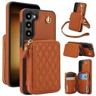 For Samsung Galaxy S23 5G AwQuer Crossbody Zipper Wallet Rhombic Leather Back Phone Case(Brown)