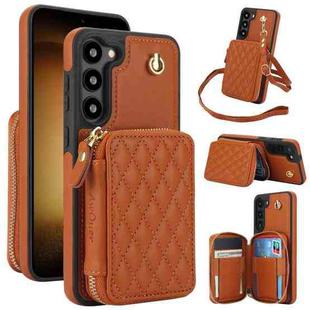 For Samsung Galaxy S23+ 5G AwQuer Crossbody Zipper Wallet Rhombic Leather Back Phone Case(Brown)