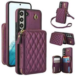 For Samsung Galaxy S22 5G AwQuer Crossbody Zipper Wallet Rhombic Leather Back Phone Case(Dark Purple)