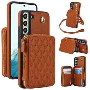 For Samsung Galaxy S22 5G AwQuer Crossbody Zipper Wallet Rhombic Leather Back Phone Case(Brown)