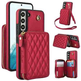 For Samsung Galaxy S22+ 5G AwQuer Crossbody Zipper Wallet Rhombic Leather Back Phone Case(Red)