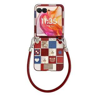 For Motorola Razr 50 Lattice Little Bear Pattern Full Coverage Phone Case with Wrist Strap(Red)