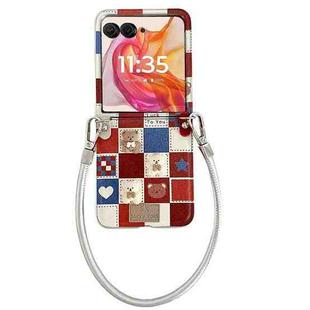 For Motorola Razr 50 Ultra Lattice Little Bear Pattern Full Coverage Phone Case with Wrist Strap(Silver)