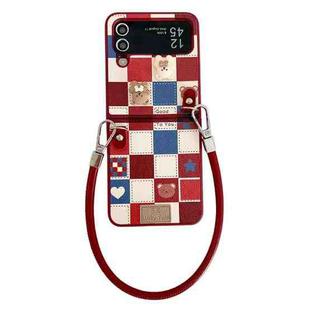 For Samsung Galaxy Z Flip4 Lattice Little Bear Pattern Full Coverage Phone Case with Wrist Strap(Red)