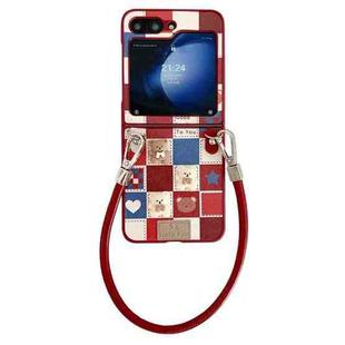 For Samsung Galaxy Z Flip5 Lattice Little Bear Pattern Full Coverage Phone Case with Wrist Strap(Red)