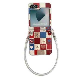 For Samsung Galaxy Z Flip5 Lattice Little Bear Pattern Full Coverage Phone Case with Wrist Strap(Silver)