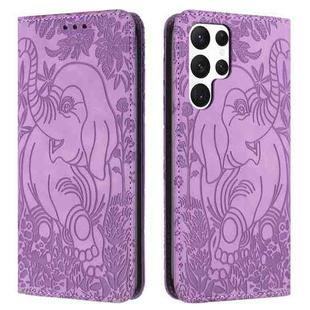 For Samsung Galaxy S25 Ultra 5G Retro Elephant Embossed Leather Phone Case(Purple)