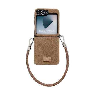 For Samsung Galaxy Z Flip6 Comfortable Short Plush Full Coverage Phone Case with Wrist Strap(Brown)