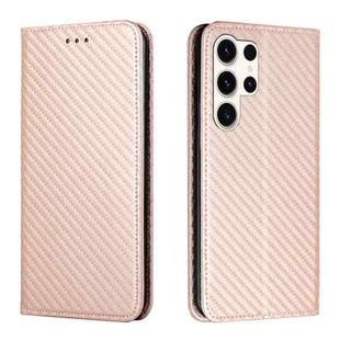 For Samsung Galaxy S25 Ultra 5G Carbon Fiber Texture Magnetic Flip Leather Phone Case(Rose Gold)