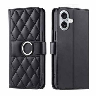 For iPhone 16 Plus Ring Buckle Rhombic Leather Phone Case(Black)