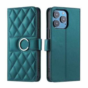 For iPhone 14 Pro Ring Buckle Rhombic Leather Phone Case(Green)