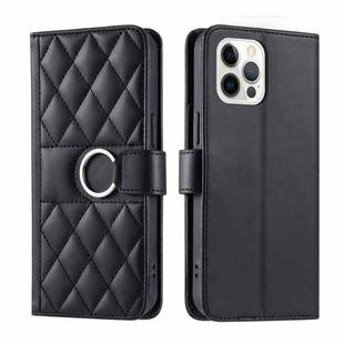 For iPhone 12 / 12 Pro Ring Buckle Rhombic Leather Phone Case(Black)