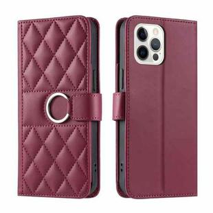 For iPhone 12 Pro Max Ring Buckle Rhombic Leather Phone Case(Red)