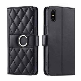 For iPhone X / XS Ring Buckle Rhombic Leather Phone Case(Black)