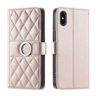 For iPhone X / XS Ring Buckle Rhombic Leather Phone Case(Rose Gold)