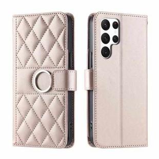 For Samsung Galaxy S23 Ultra 5G Ring Buckle Rhombic Leather Phone Case(Rose Gold)