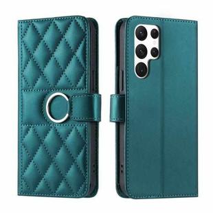 For Samsung Galaxy S22 Ultra 5G Ring Buckle Rhombic Leather Phone Case(Green)