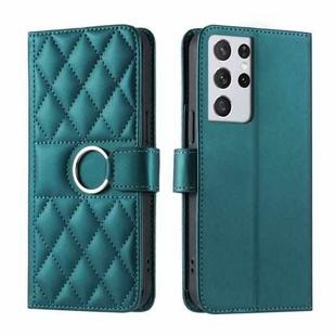 For Samsung Galaxy S21 Ultra 5G Ring Buckle Rhombic Leather Phone Case(Green)