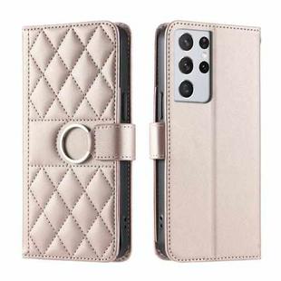 For Samsung Galaxy S21 Ultra 5G Ring Buckle Rhombic Leather Phone Case(Rose Gold)