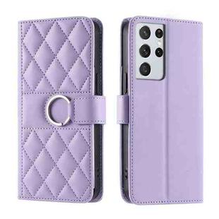 For Samsung Galaxy S21 Ultra 5G Ring Buckle Rhombic Leather Phone Case(Purple)