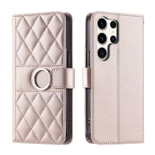 For Samsung Galaxy S25 Ultra 5G Ring Buckle Rhombic Leather Phone Case(Rose Gold)