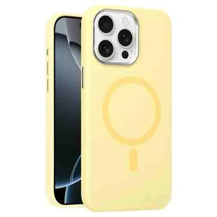 For iPhone 16 Pro Max Metal Lens Frame Liquid Silicone MagSafe Phone Case(Cream Yellow)