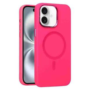 For iPhone 16 Plus Metal Lens Frame Liquid Silicone MagSafe Phone Case(Rose Red)