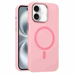 For iPhone 16 Metal Lens Frame Liquid Silicone MagSafe Phone Case(Rose Pink)