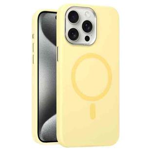 For iPhone 15 Pro Max Metal Lens Frame Liquid Silicone MagSafe Phone Case(Cream Yellow)