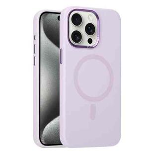 For iPhone 15 Pro Max Metal Lens Frame Liquid Silicone MagSafe Phone Case(Light Purple)