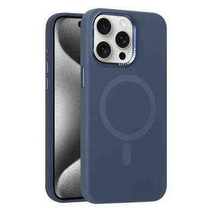 For iPhone 15 Pro Metal Lens Frame Liquid Silicone MagSafe Phone Case(Midnight Blue)