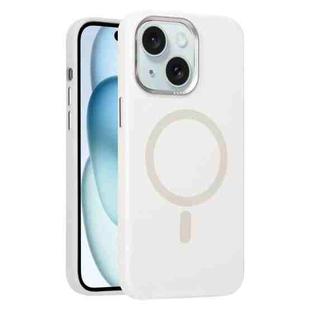 For iPhone 15 Metal Lens Frame Liquid Silicone MagSafe Phone Case(White)