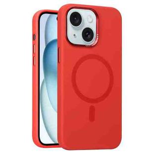 For iPhone 15 Metal Lens Frame Liquid Silicone MagSafe Phone Case(Red)