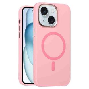 For iPhone 15 Metal Lens Frame Liquid Silicone MagSafe Phone Case(Rose Pink)