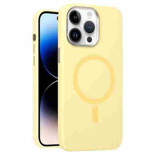 For iPhone 14 Pro Metal Lens Frame Liquid Silicone MagSafe Phone Case(Cream Yellow)