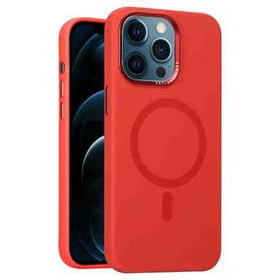 For iPhone 12 Pro Max Metal Lens Frame Liquid Silicone MagSafe Phone Case(Red)