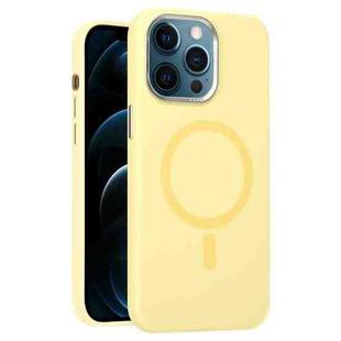 For iPhone 12 Pro Max Metal Lens Frame Liquid Silicone MagSafe Phone Case(Cream Yellow)