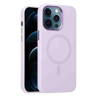 For iPhone 12 Pro Max Metal Lens Frame Liquid Silicone MagSafe Phone Case(Light Purple)