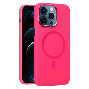 For iPhone 12 Pro Max Metal Lens Frame Liquid Silicone MagSafe Phone Case(Rose Red)