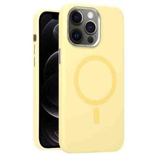 For iPhone 12 Pro Metal Lens Frame Liquid Silicone MagSafe Phone Case(Cream Yellow)