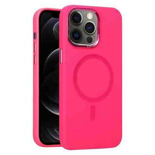 For iPhone 12 Pro Metal Lens Frame Liquid Silicone MagSafe Phone Case(Rose Red)