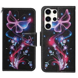 For Samsung Galaxy S25 Ultra 5G Colored Drawing Pattern Leather Phone Case(Fluorescent Butterfly)