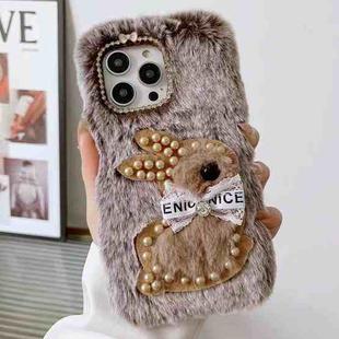 For iPhone 14 Pro Max Pearl Rabbit Plush TPU Phone Case(Brown)