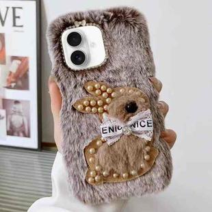 For iPhone 16 Plus Pearl Rabbit Plush TPU Phone Case(Brown)