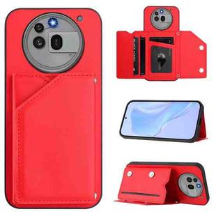 For Nothing Phone 3a Pro Skin Feel Four Card Slots Phone Case with Wrist Strap(Red)
