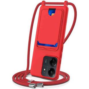 For Redmi 13C 4G / 5G / 13R 5G Integrated Card Bag Solid Color Liquid Silicone Phone Case with Lanyard(Red)