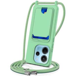 For Redmi Note 14 4G 163.25mm Integrated Card Bag Solid Color Liquid Silicone Phone Case with Lanyard(Green)