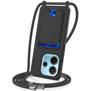For Redmi Note 14 4G 163.25mm Integrated Card Bag Solid Color Liquid Silicone Phone Case with Lanyard(Black)